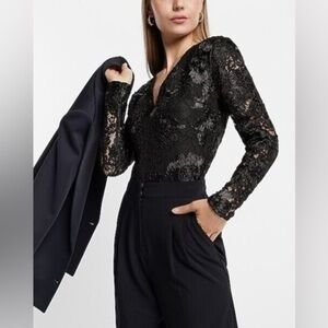 NWT EXPRESS Lace Embroidered V-Neck Long Sleeve Thong Bodysuit